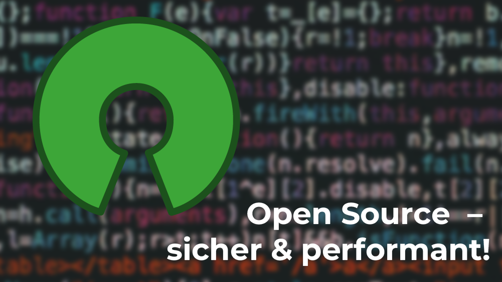 Ein Kreis mit einer Öffnung unten, der Open Source Code darstellt vor einem verschwommenem Bildschirm mit Code drauf.