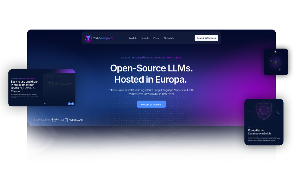 Screenshot der tokeneurope.ai Website mit den Features groß gehighlited, um Datensouveränität zu fördern.